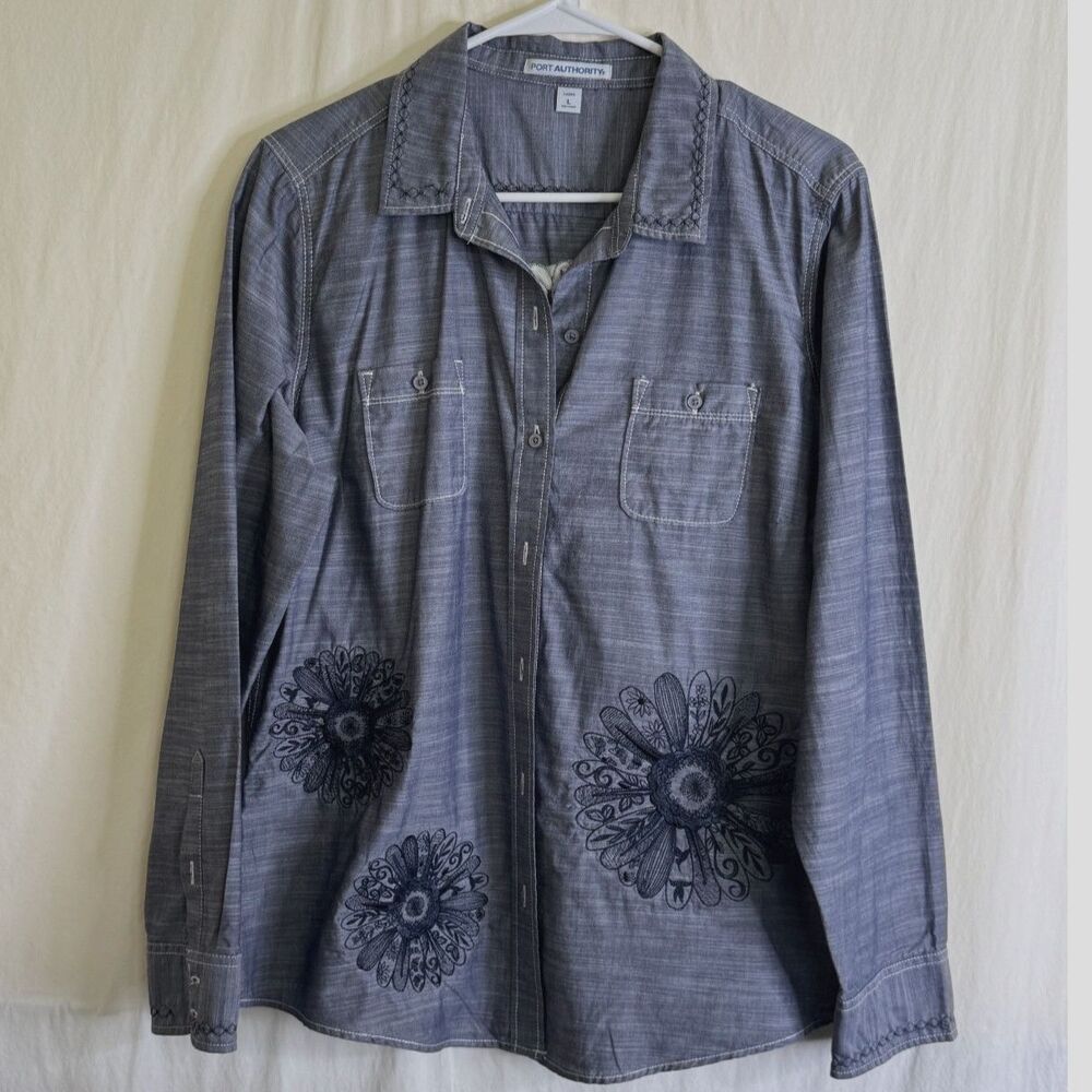 Port Authority Women's Button-up Shirt Gray w/ Black Floral Embroidery Size L